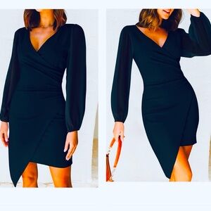Mini Dress Puff Long Sleeve Ruched Asymmetrical Hem Cocktail Party Short Dresses